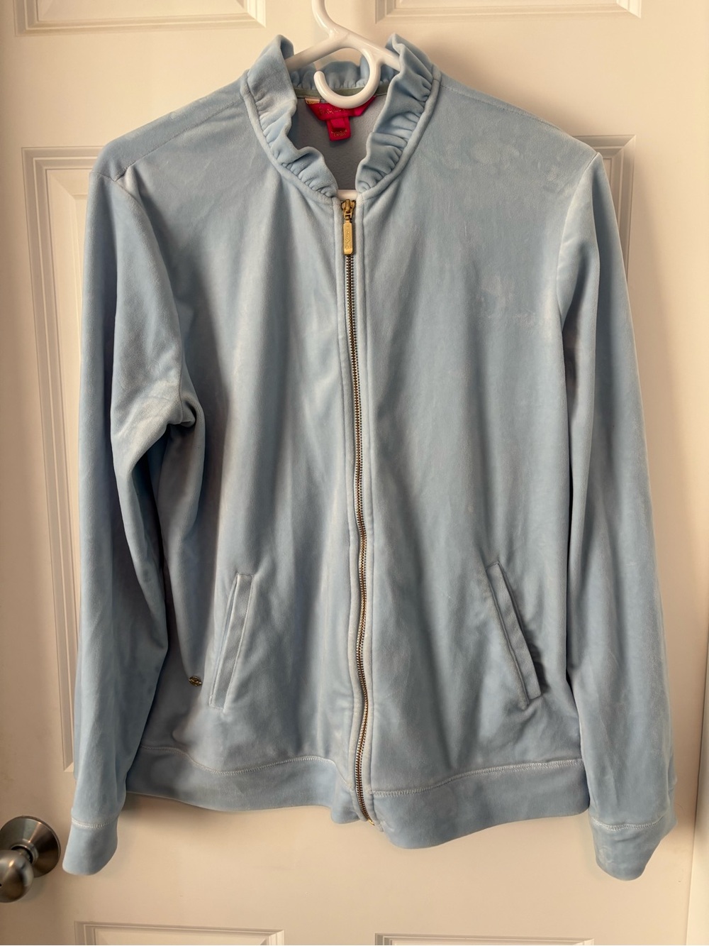 Lilly Pulitzer Jayla Velour / Velvet Light Blue Zip-Up Jacket Ruffle Collar Sz L